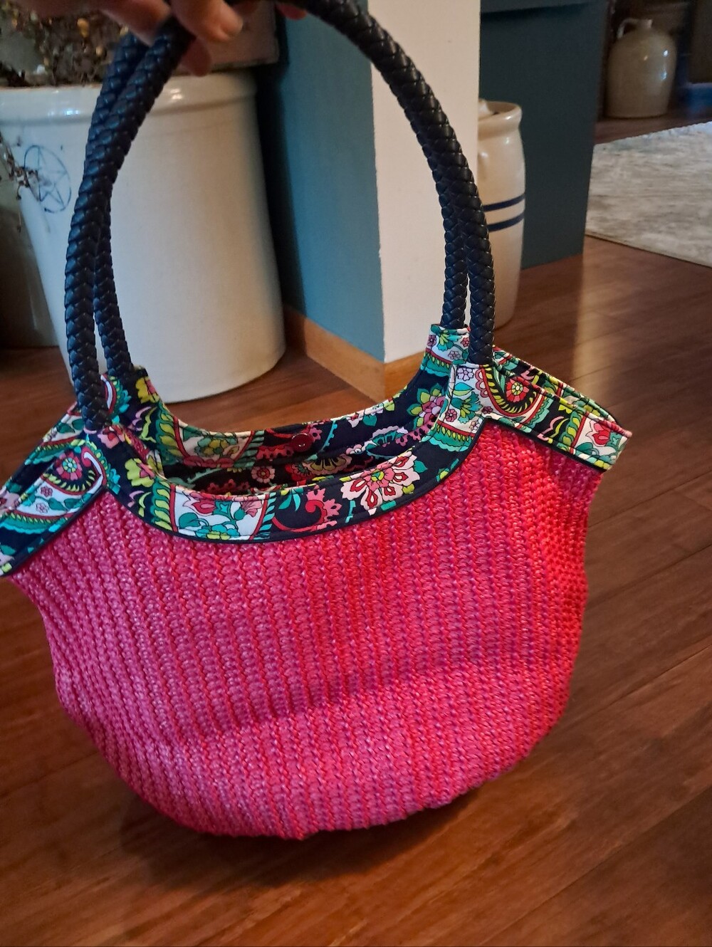 Vera Bradley Pink Woven Tote Bag with Floral Trim